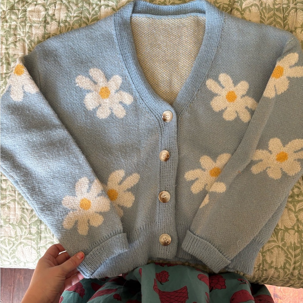 Flower Power sweater • Fluffy baby blue daisy sweater / novelty grandma sweater